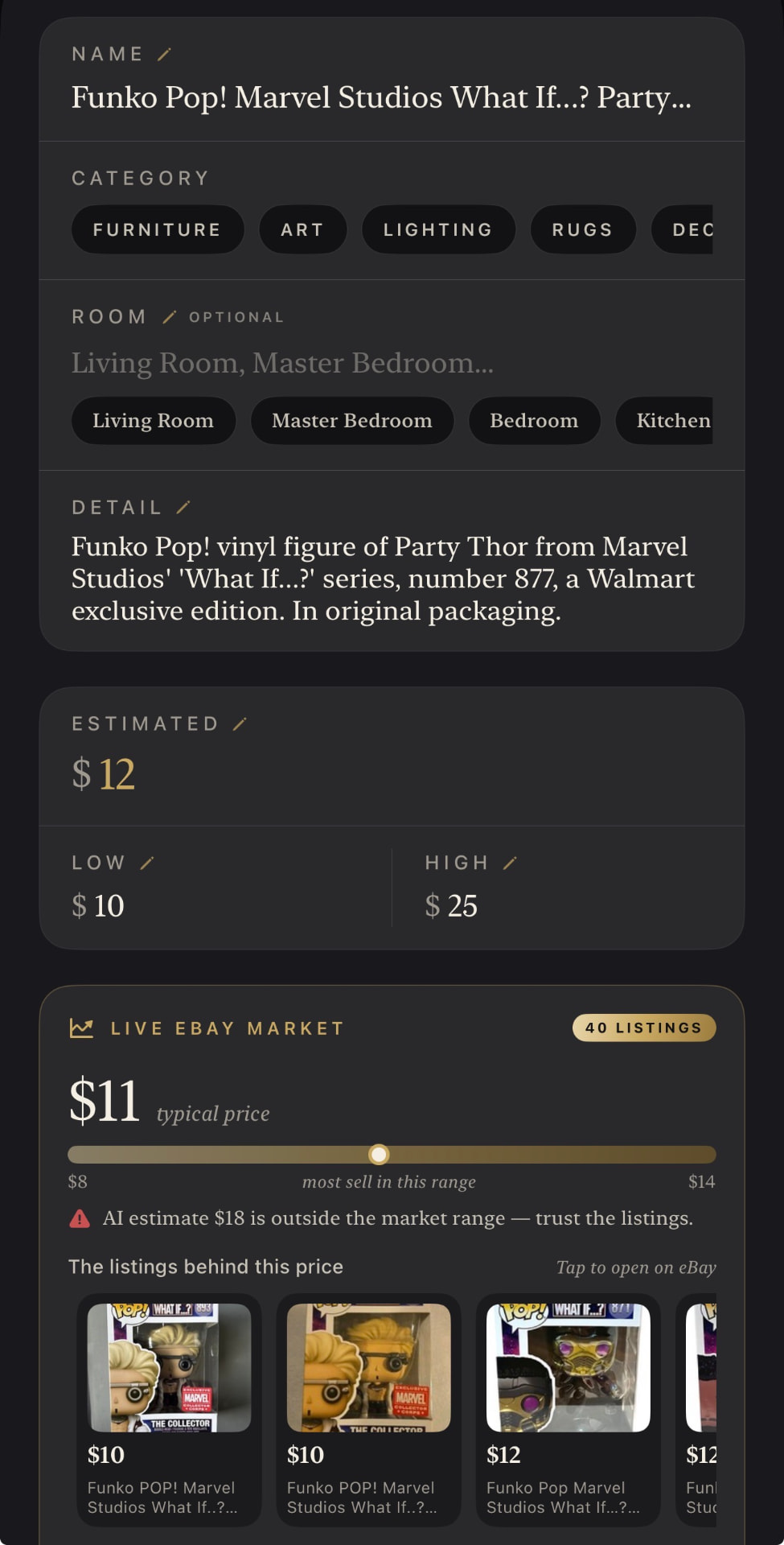 Real Legacy Inventory screen: a scanned Funko Pop figure with an AI estimate of $12 and a live eBay market of $11 typical across 40 listings